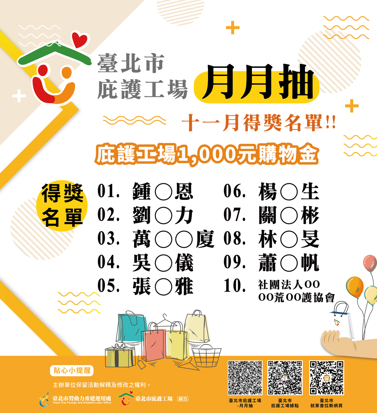雙月送送送!!!臺北市庇護工場月月抽10位幸運兒!獎金共1,000元!