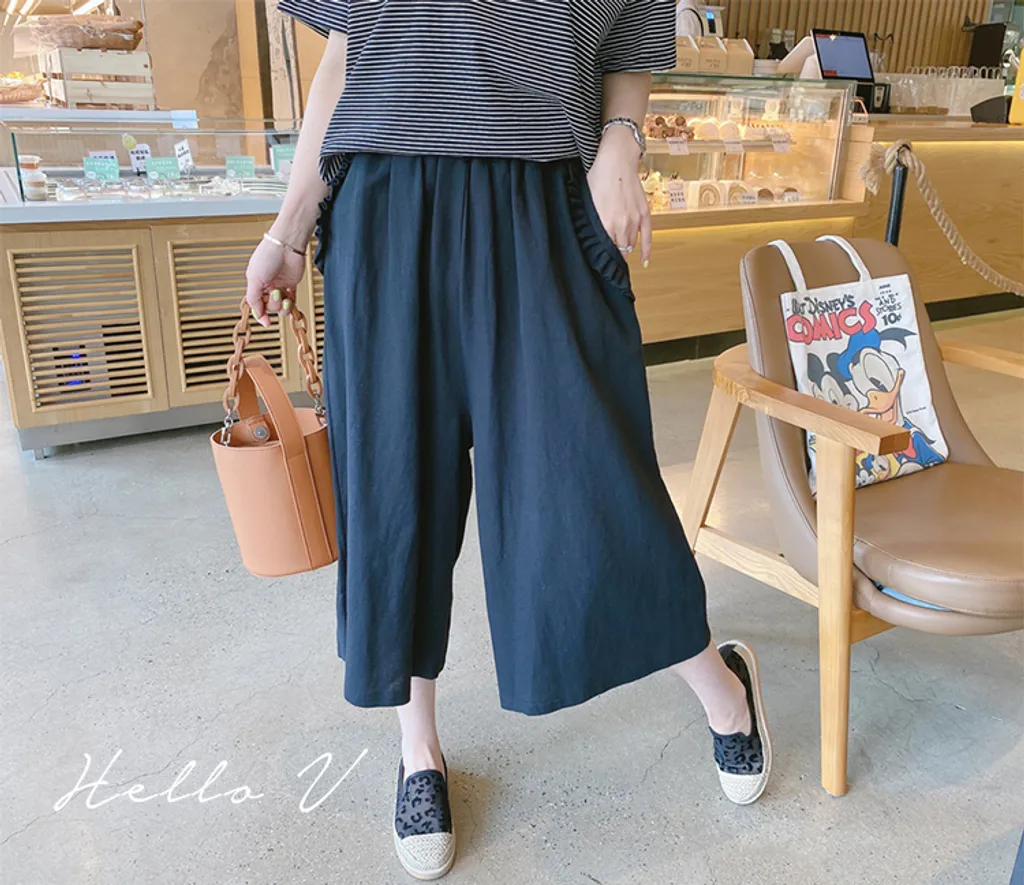 正韓製簡約女孩必備好穿好搭棉麻寬褲裙 黑卡其 S0601 56 Hello V