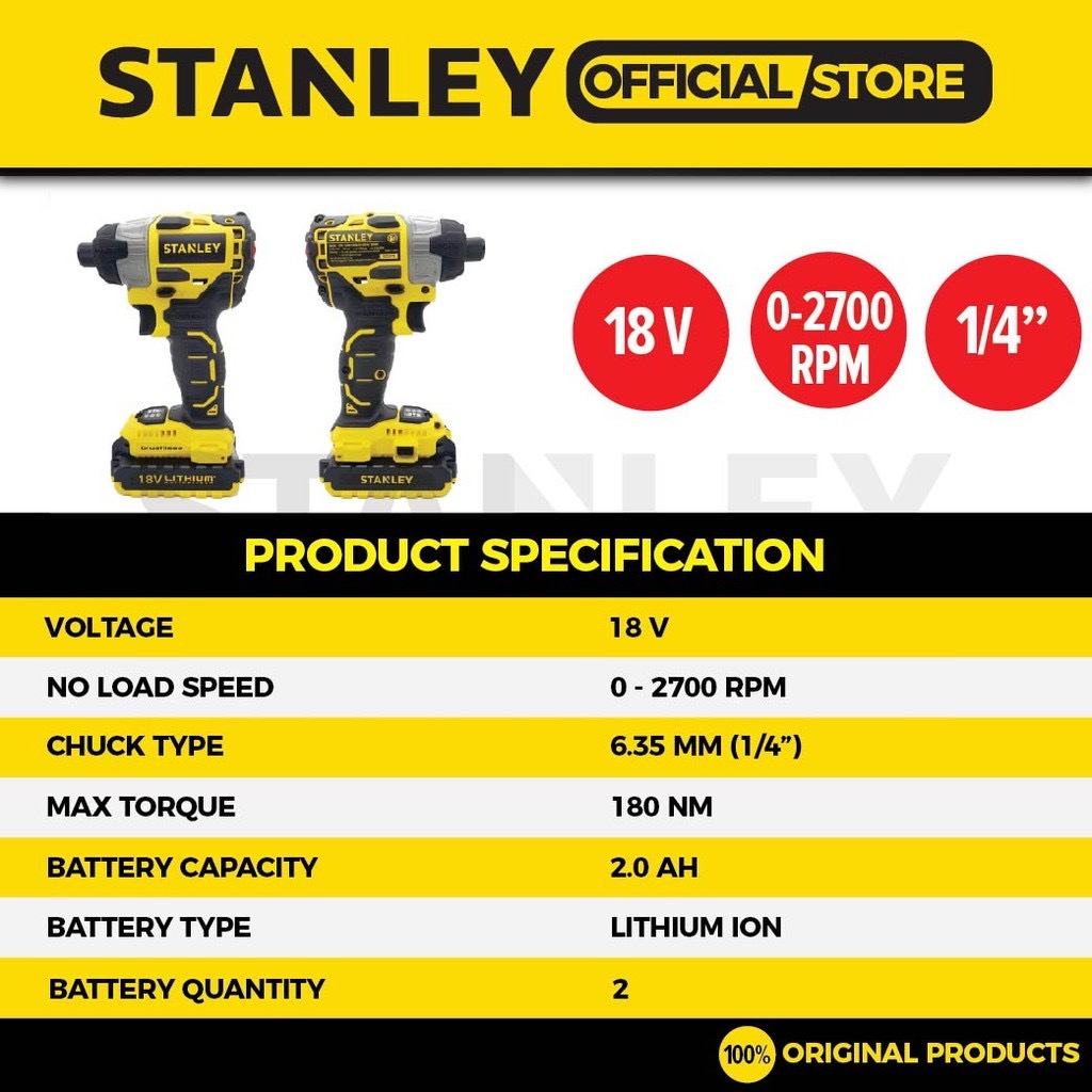 STANLEY SBI201D2K-B1 CORDLESS BRUSHLESS IMPACT DRIVER 18V | 1700RPM | 180NM  COME WITH 2x 2.0AH BATTERY & 1x CHARGER – TSRC STORE