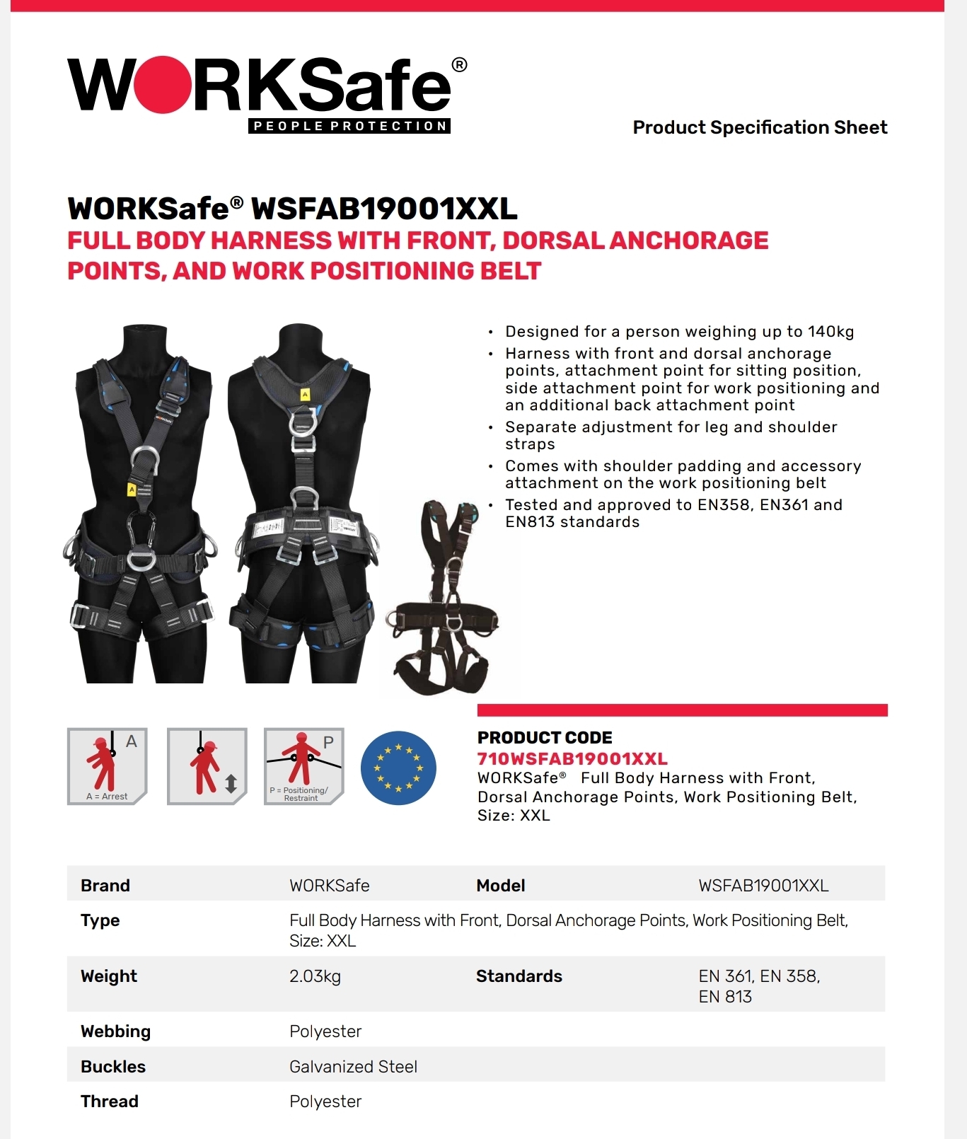 Worksafe® Wsfab190 01 Xxl Full Body Harness With Front Dorsal Anchorage Points And Work