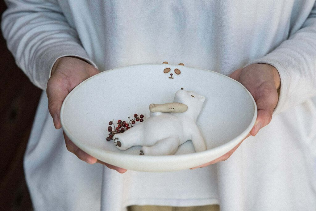 日本kiki工房 來自兵庫縣的陶器插畫藝術品 動物器皿 淺缽 熊貓 Aks