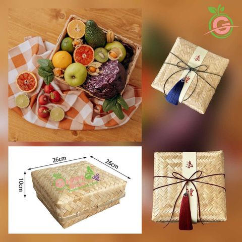 [6] Natural Hand-Woven Bamboo Basket:Bakul Besek c:w Cover + Leather Rope (26*26*10cm) [1]