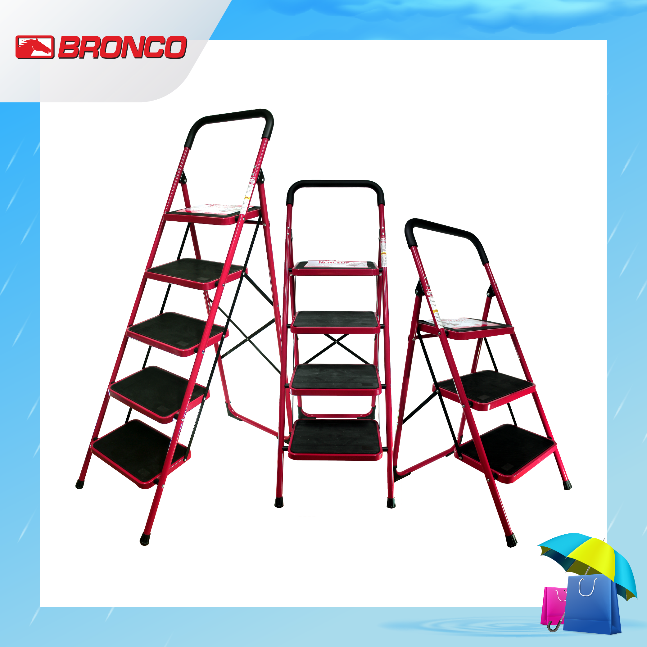 Bronco Non-Slip Steel Ladder Red_Rainy Frame-01