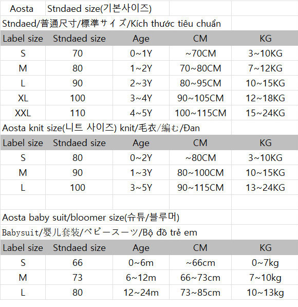 aosta size chart