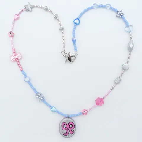 蝴蝶結項鍊 粉藍銀1