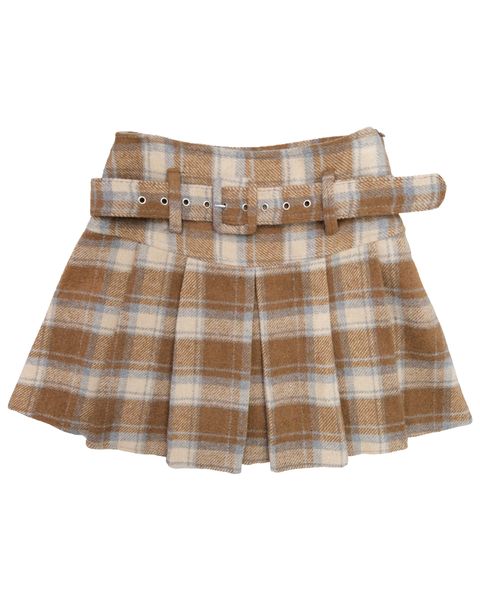 咖啡皮帶毛呢百摺短裙