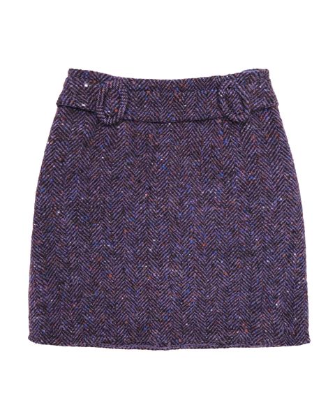 紫色皮帶混色毛呢裙