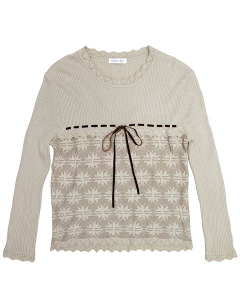 杏色花邊蝴蝶結綁繩拼接上衣