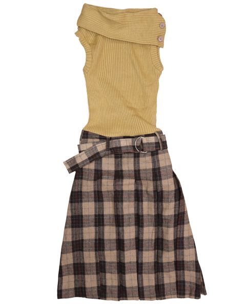 針織背心拼接毛呢格紋長裙