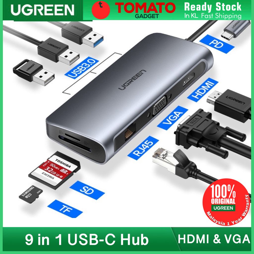 UGREEN USB C HUB Docking Station USB Type C 9 In 1 Hub USB C to HDMI VGA  Card Reader RJ45 PD Adapter – Tomato Gadget