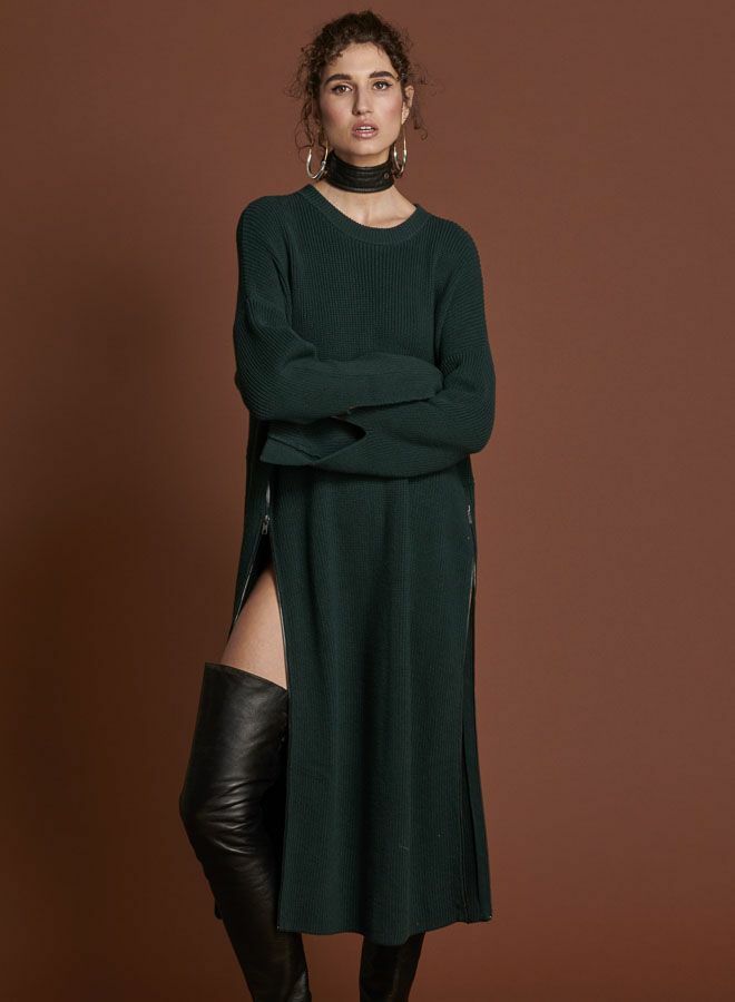 女BOTTLE GREEN STUDIO ZIP KNIT DRESS 
