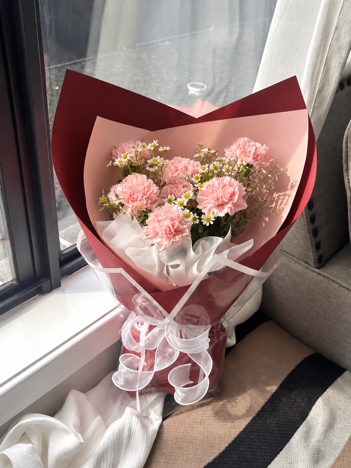Sunlit Pink Carnation Bouquet by the Window