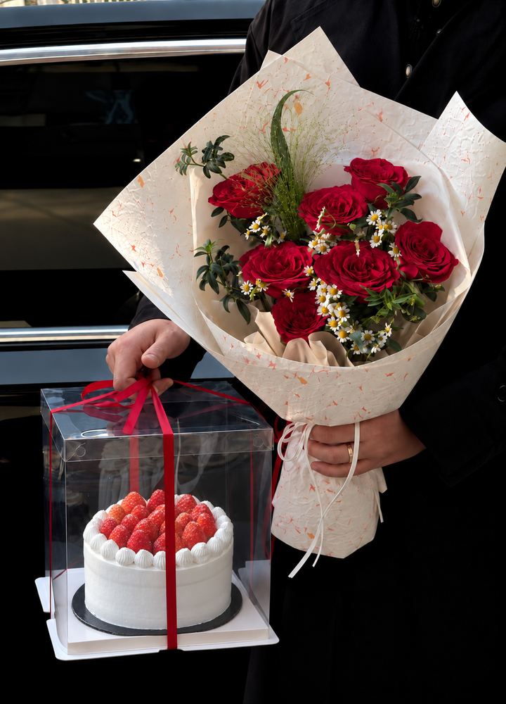 Bouquet and Strawberry Cake by the Car