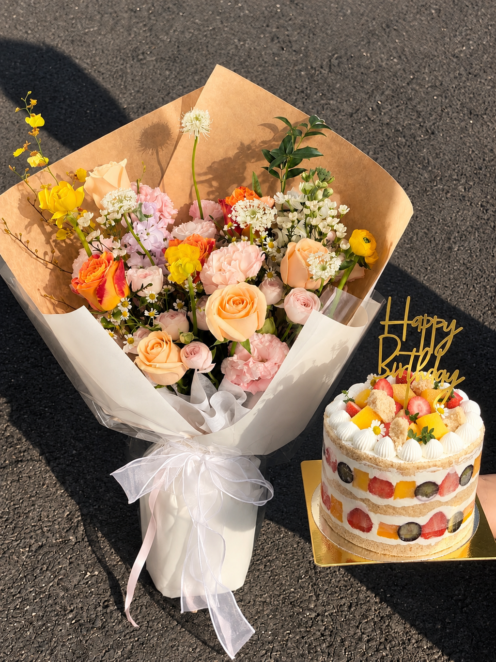 Sunlit Birthday Bouquet and Fruit Cake