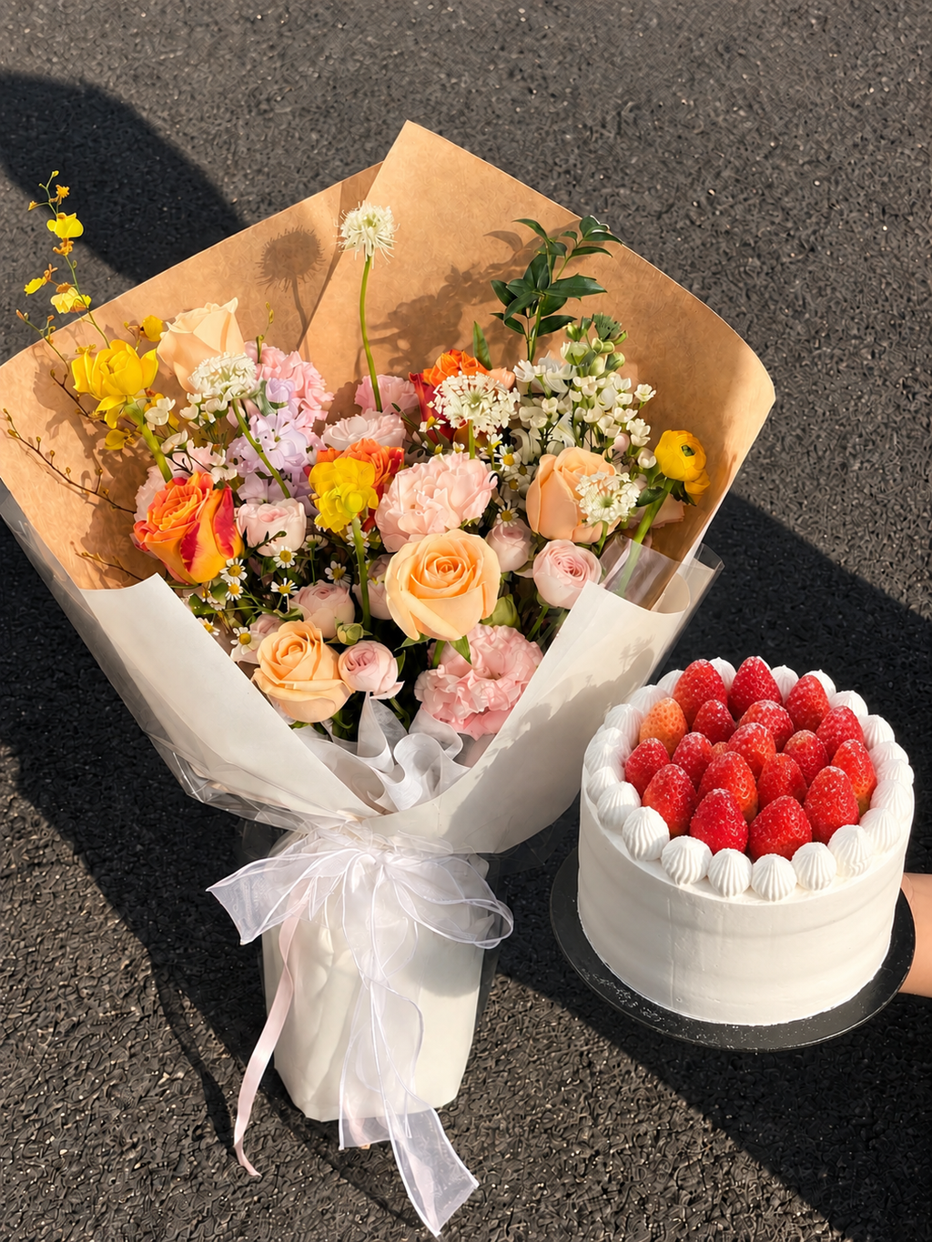 Sunlit Bouquet and Strawberry Cake