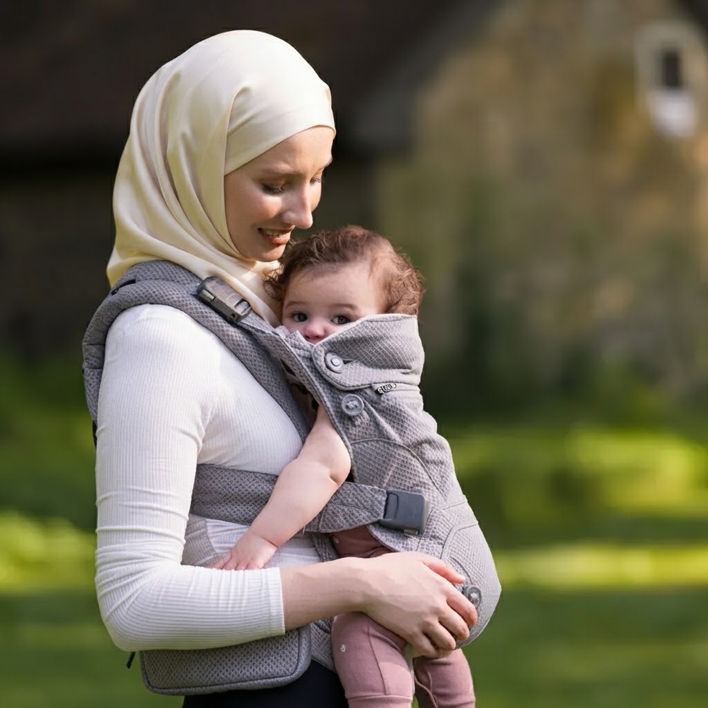 Parent carrying baby in an ergonomic baby carrier