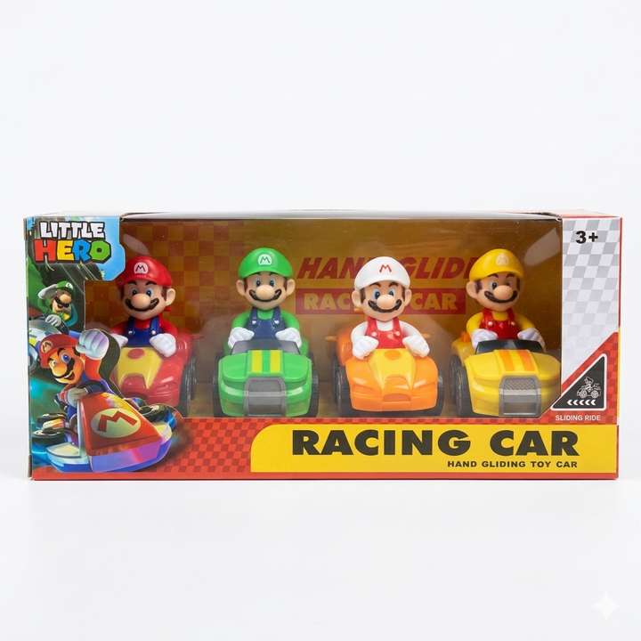 Little Hero Hand Sliding Racing Car Toy Set - 4-Piece Mario Kart Style Toy Vehicles