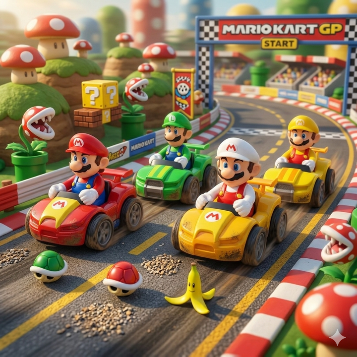 Little Hero Hand Sliding Racing Car Toy Set - 4-Piece Mario Kart Style Toy Vehicles