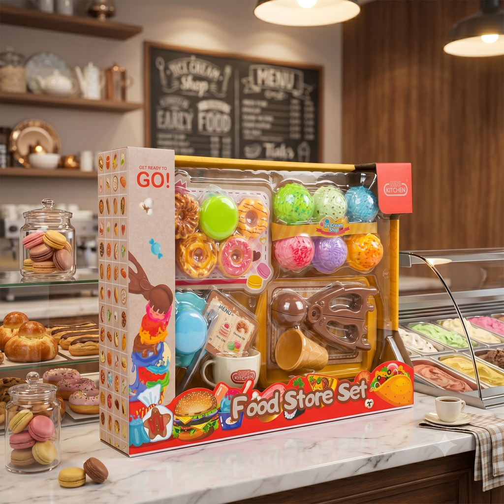 Mini Kitchen Kids Pretend Play Food Store & Ice Cream Shop Toy Set