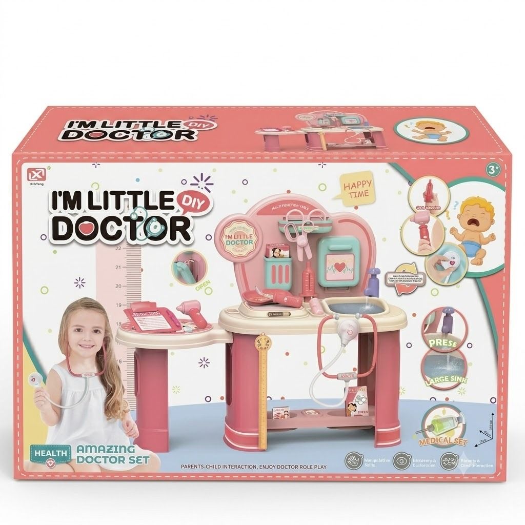 I'm Little Doctor" 2-in-1 Kids Doctor Play Set – Medical Role Play Vanity Table with Toy Sink, Realistic Stethoscope, & Accessories for Toddlers, Gift for Boys & Girls Age 3+