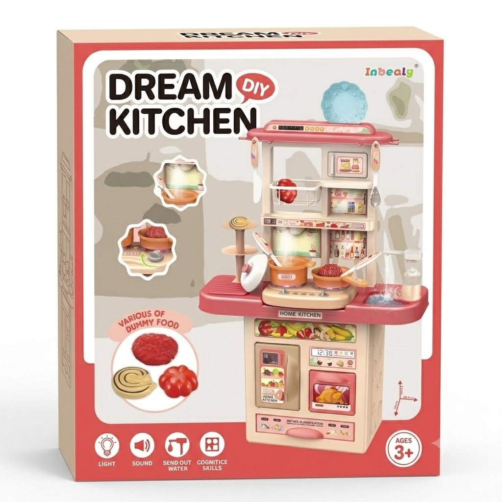 Inbealy Dream DIY Kids Kitchen Playset – Toddler Pretend Play Cooking Set with Real Running Water, Realistic Lights & Sounds, Toy Food Accessories, Oven & Fridge for Boys & Girls Ages 3+
