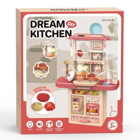 Inbealy Dream DIY Kids Kitchen Playset – Toddler Pretend Play Cooking Set with Real Running Water, Realistic Lights & Sounds, Toy Food Accessories, Oven & Fridge for Boys & Girls Ages 3+