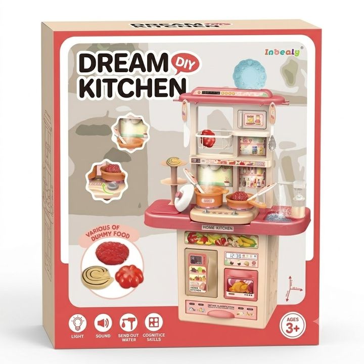 Inbealy Dream DIY Kids Kitchen Playset – Toddler Pretend Play Cooking Set with Real Running Water, Realistic Lights & Sounds, Toy Food Accessories, Oven & Fridge for Boys & Girls Ages 3+