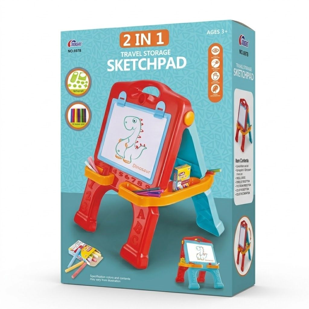 2-in-1 Kids Art Easel Board Travel Storage Sketchpad Magnetic Drawing Whiteboard & Chalkboard Toy Set for Toddlers