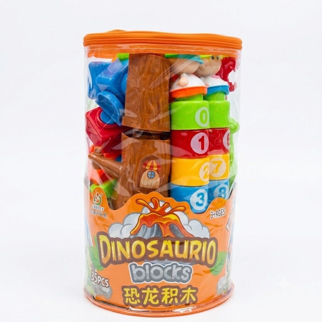 Dinosaur Blocks 35-Piece Toddler Stacking Toy Set with Storage Bag | Educational Number & Color Matching Building Blocks for Kids Ages 3+