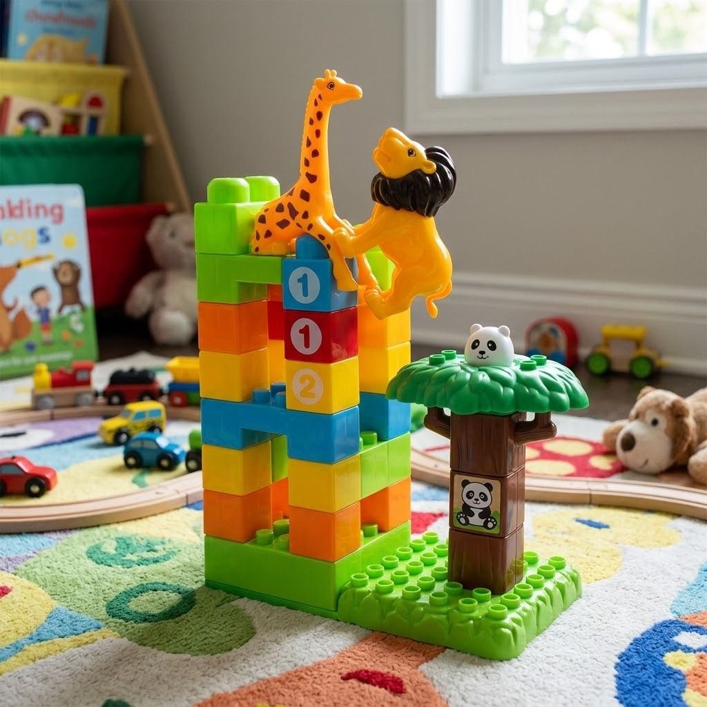Blocks Zoo 35-Piece Animal Building Blocks Set – Educational Toddler Stacking Toy with Lion, Giraffe, and Panda Tree for Fine Motor Skills, Preschool Learning Blocks for Boys and Girls