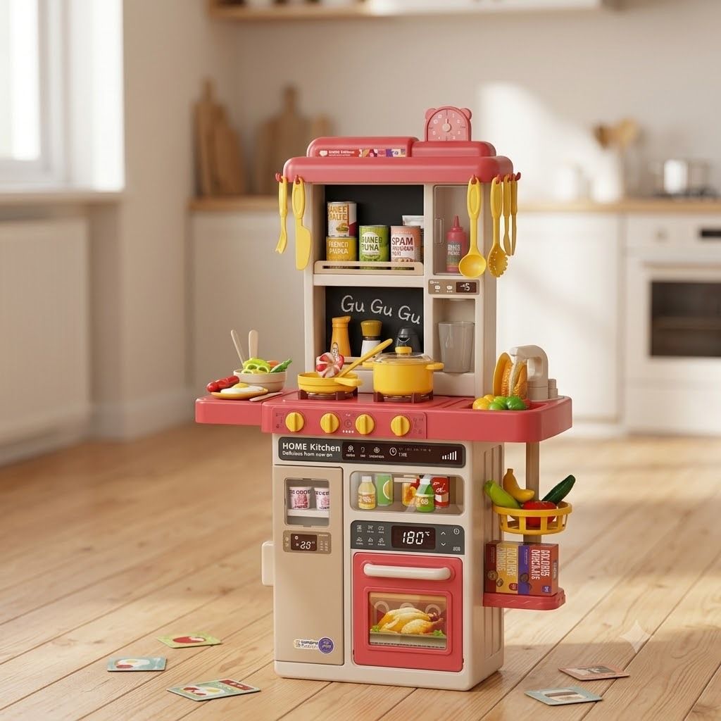 BeibeGood 50-Piece Kids Spraying Kitchen Playset – Cooking Simulator Toy with Real Mist, Sound & Light Effects