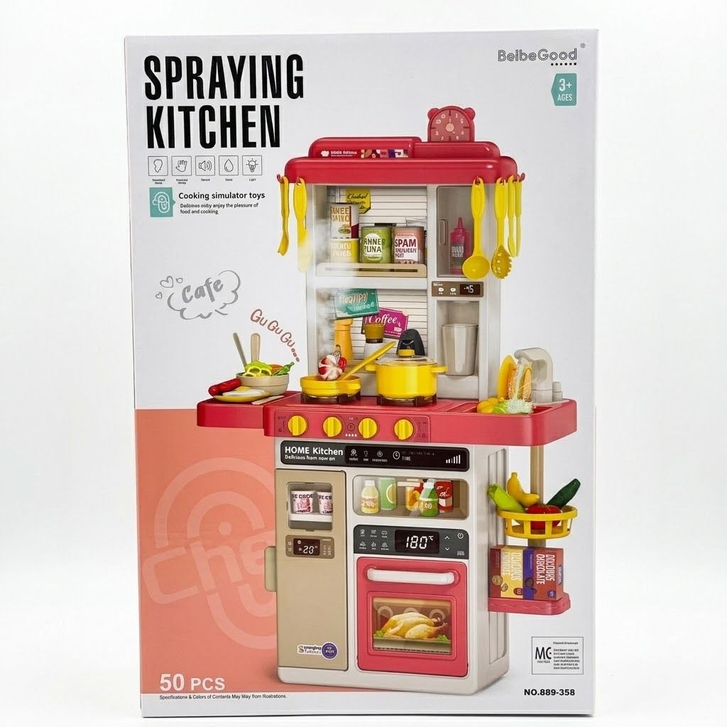 BeibeGood 50-Piece Kids Spraying Kitchen Playset – Cooking Simulator Toy with Real Mist, Sound & Light Effects