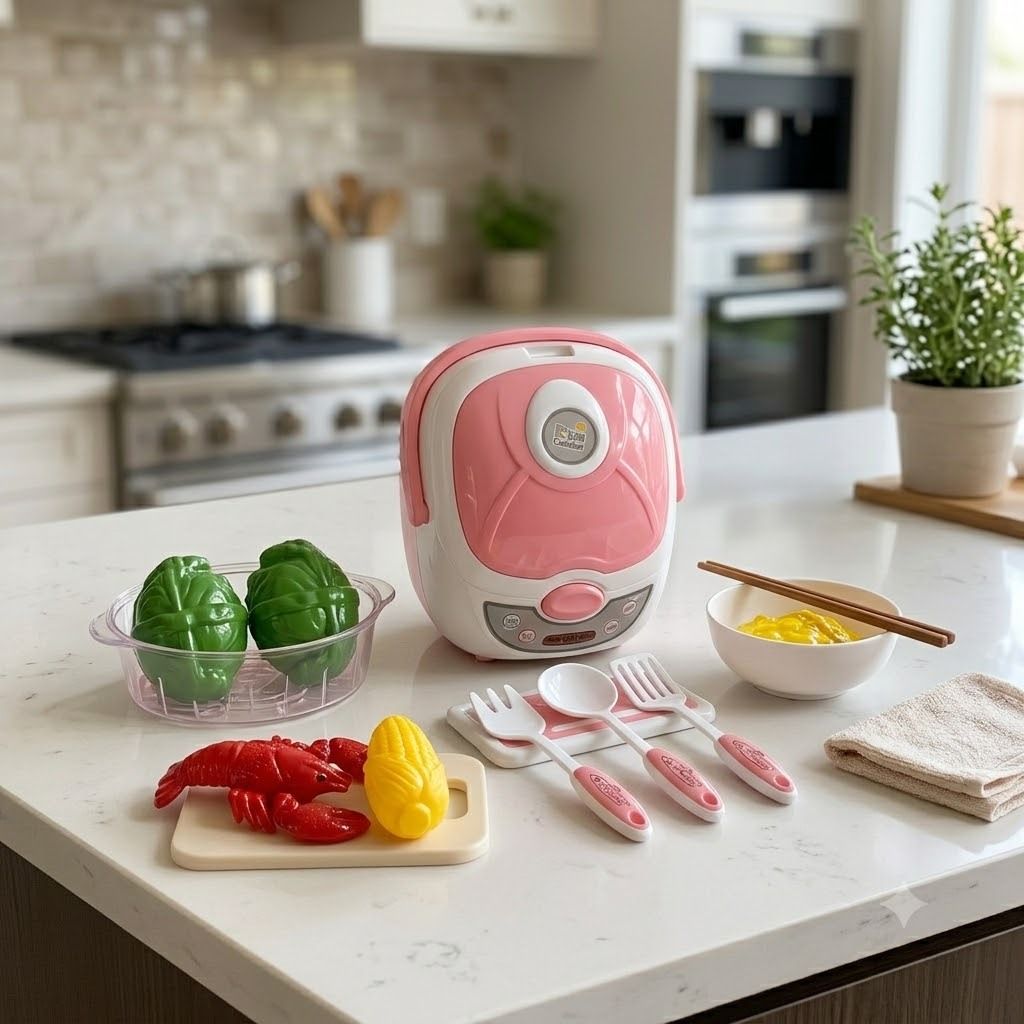 ToySpark 12-Piece Pretend Play Food & Cooking Set – Toddler Kitchen Toy with Mini Electronic Rice Cooker, Magic Vegetables & Utensils, Educational Birthday Gift for Girls and Boys Age 3, 4, 5 Years Old