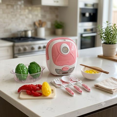 ToySpark 12-Piece Pretend Play Food & Cooking Set – Toddler Kitchen Toy with Mini Electronic Rice Cooker, Magic Vegetables & Utensils, Educational Birthday Gift for Girls and Boys Age 3, 4, 5 Years Old