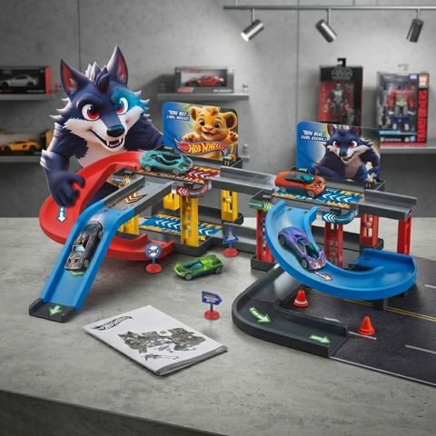 Hotwheel Ultimate Adventure Wolf & Lion Track Garage Playset with 2 Die-Cast Cars