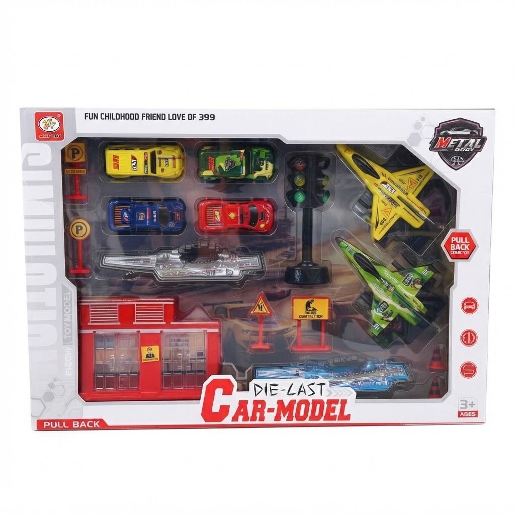 Toys Simulation Alloy Die-Cast Car & Military Jet Model Playset with Traffic Accessories & Storage Box