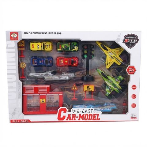 Toys Simulation Alloy Die-Cast Car & Military Jet Model Playset with Traffic Accessories & Storage Box