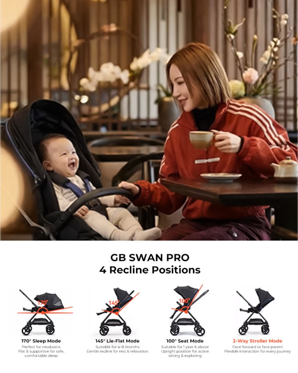 GB Swan Pro Stroller | Lightweight 360° Carbon Fiber 2-Way Stroller