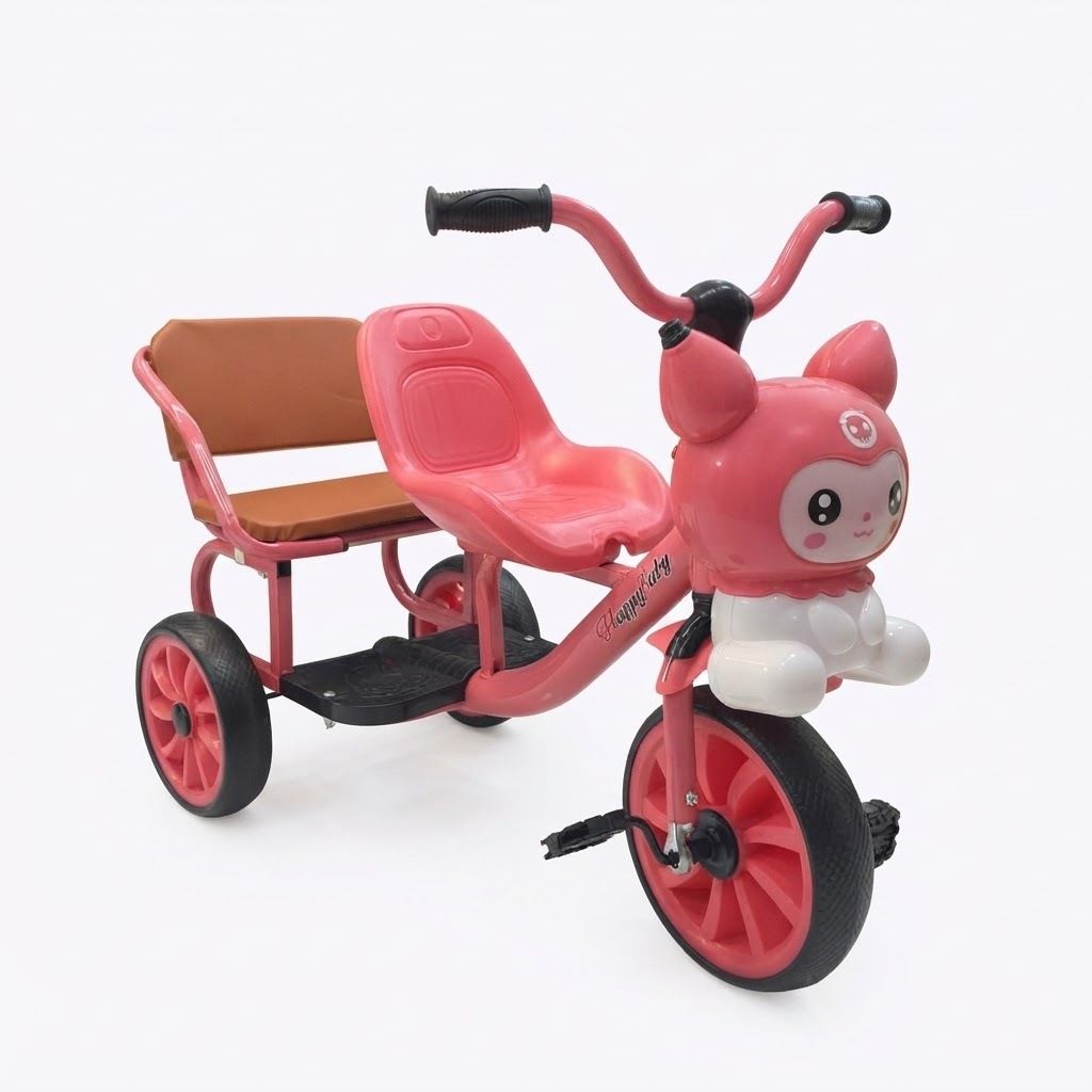 Kids Pink Double Seat Tricycle with Character Handlebars and Storage Footrest