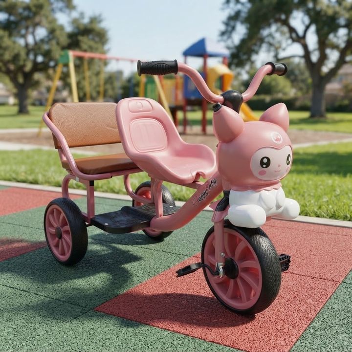 Kids Pink Double Seat Tricycle with Character Handlebars and Storage Footrest
