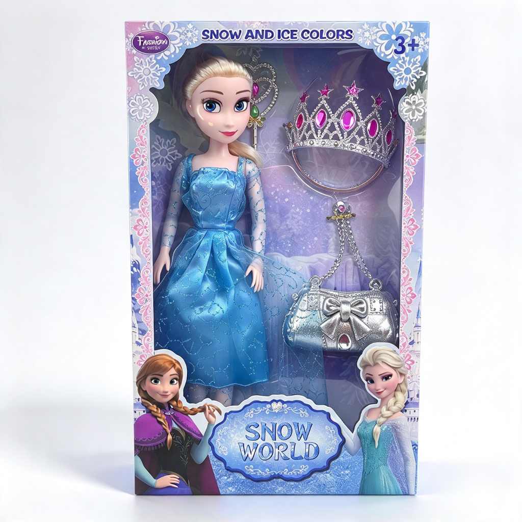 Frozen Elsa Snow & Ice Fashion Doll Set Snow World Princess Toy with Crown & Handbag