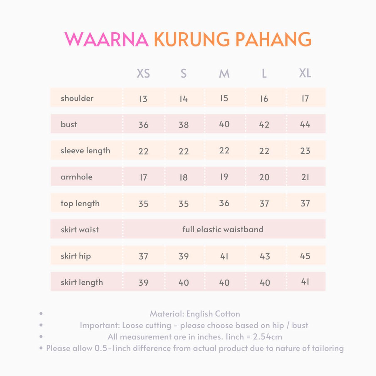 Pahang size chart