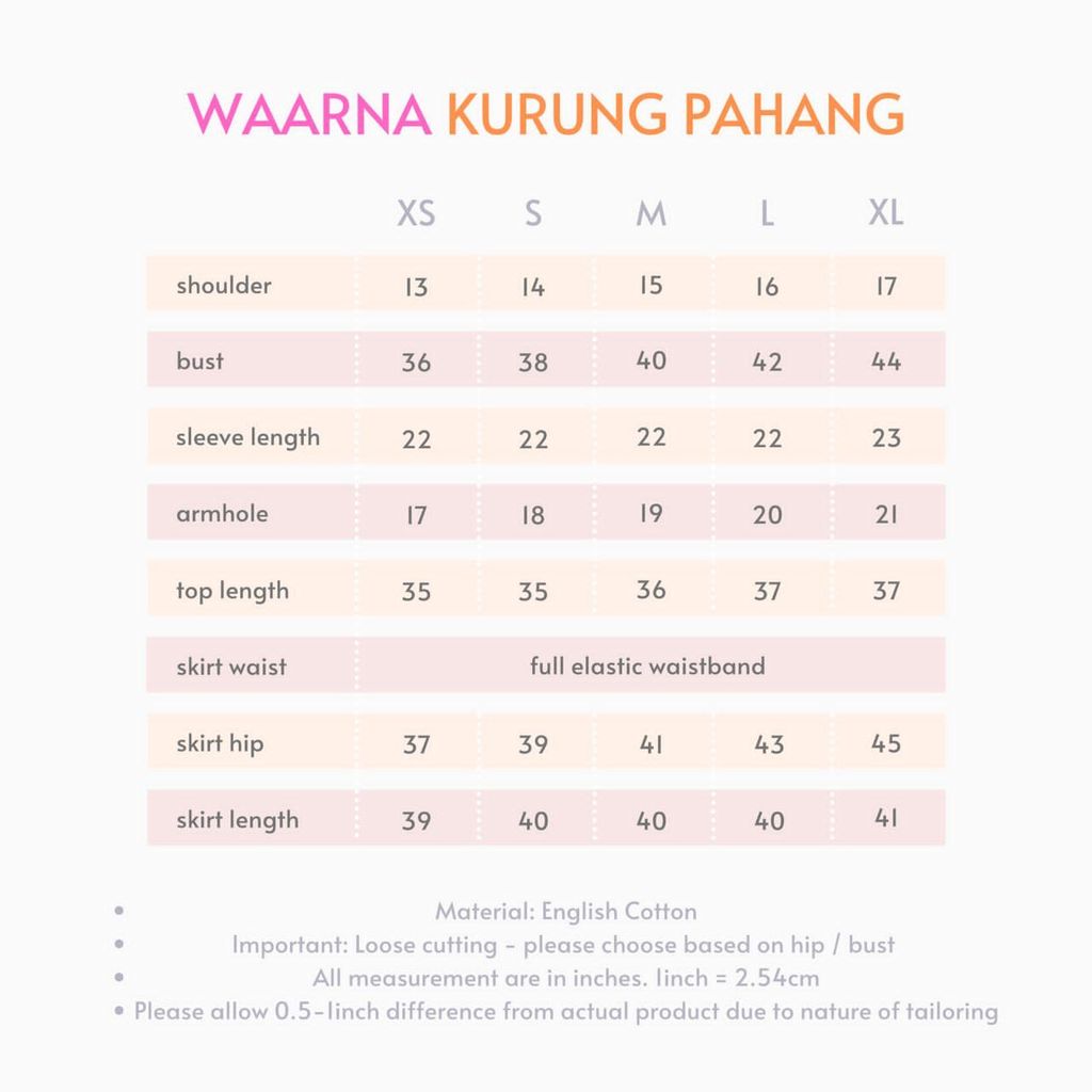 Pahang size chart