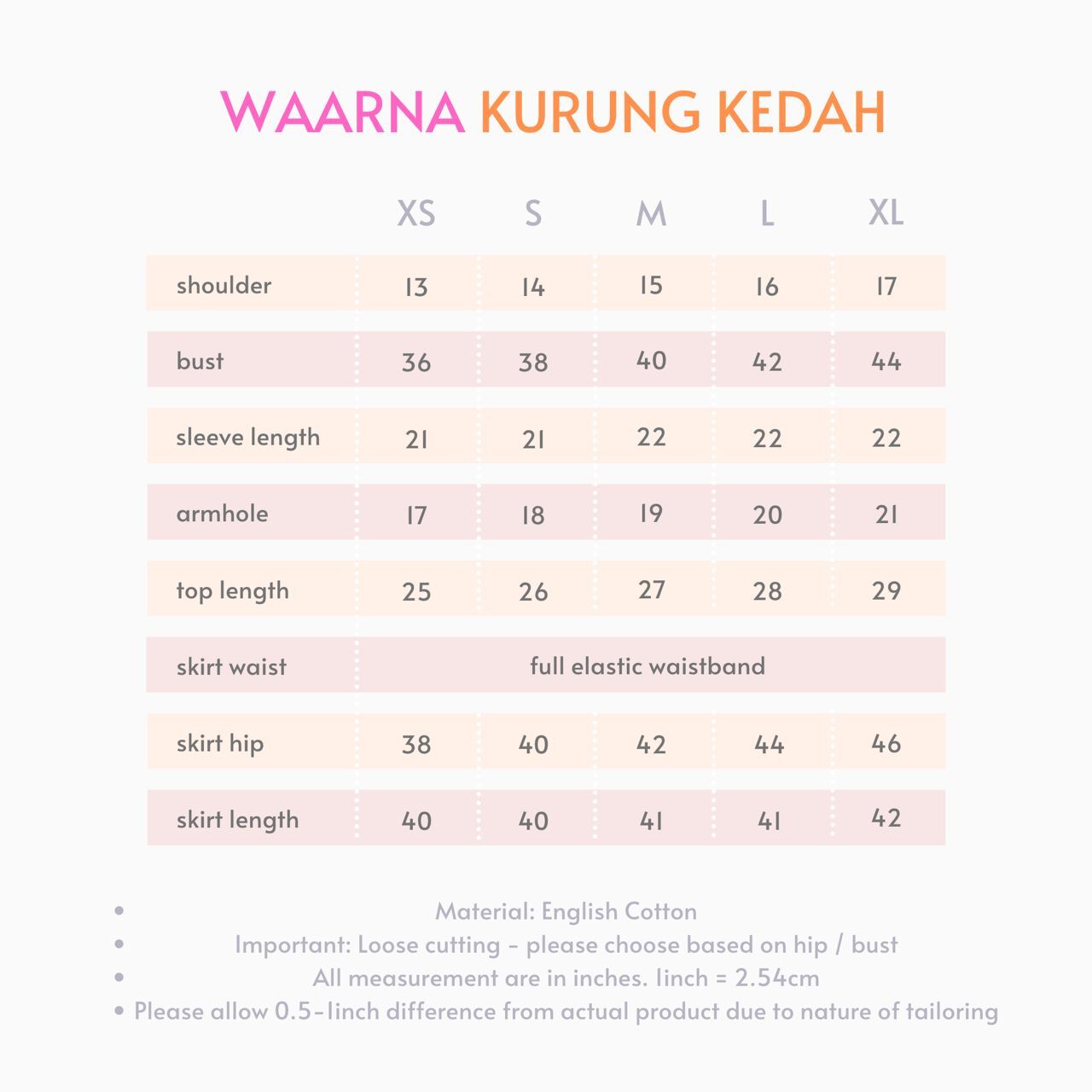 Kedah size chart