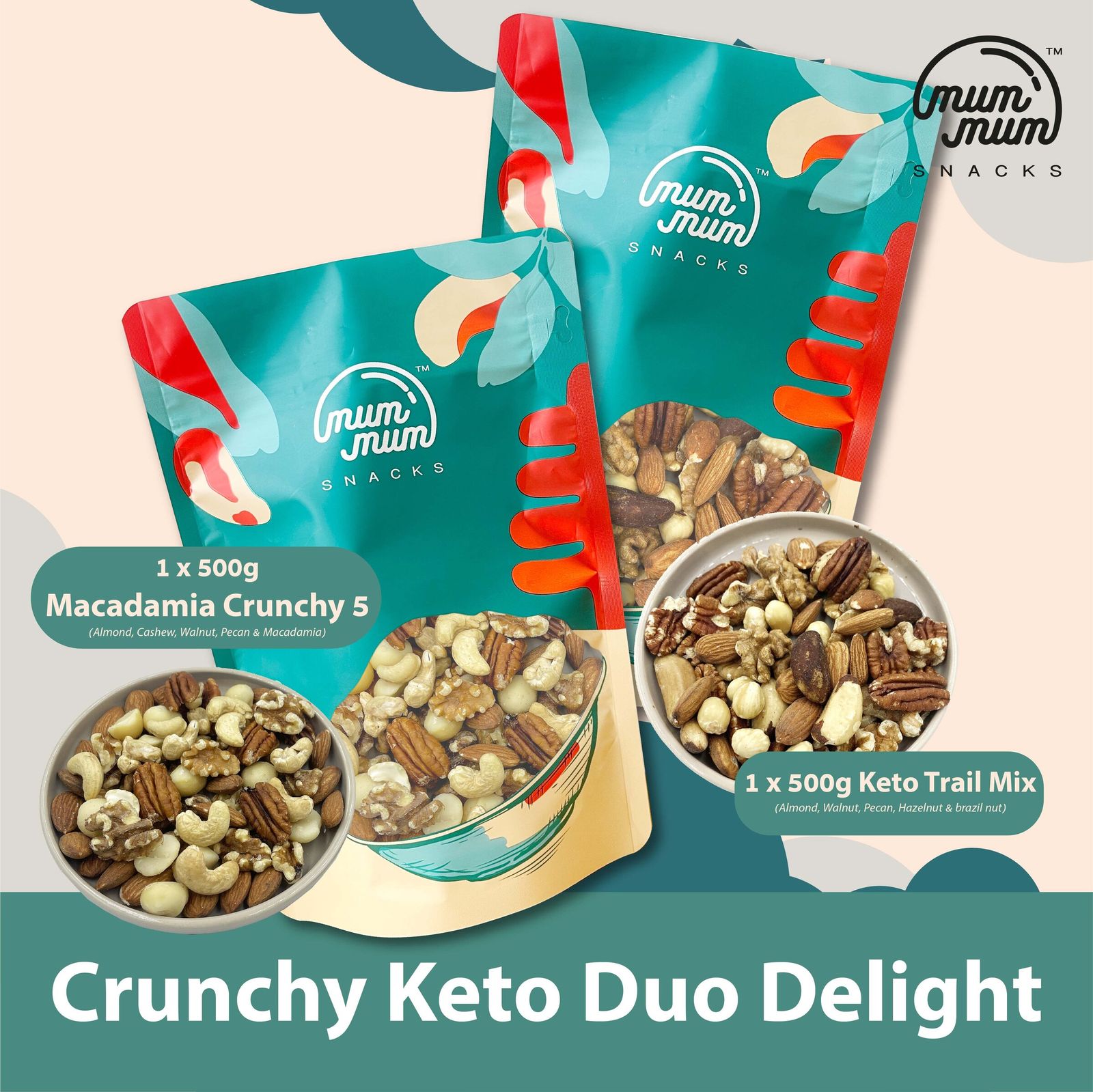 Crunchy Keto Duo Delight [500g each] - Macadamia Crunchy 5 Mix & Keto Trail Mix
