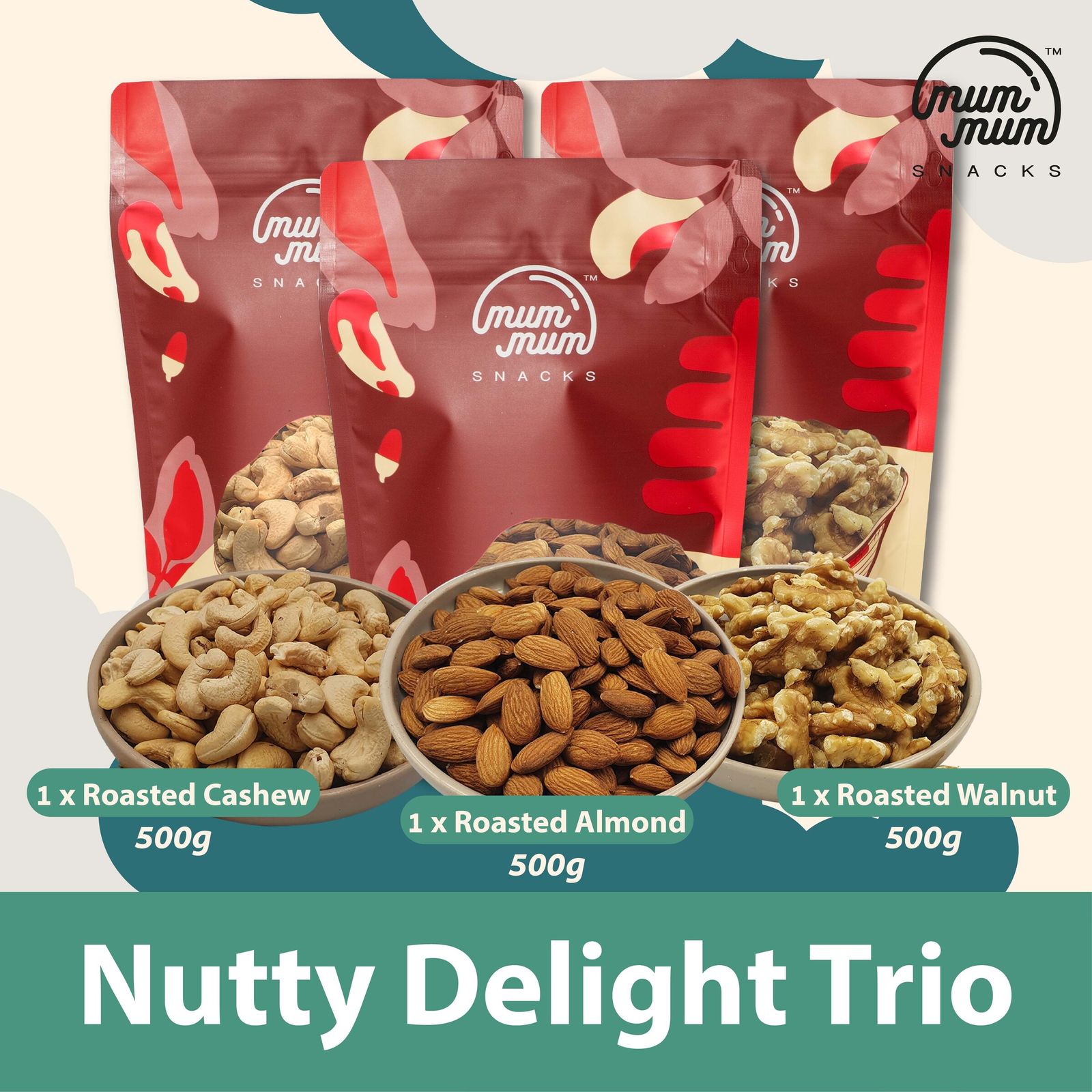Nutty Delight Trio [500g each] - Roasted Almond, Roasted Cashew, Roasted Walnut