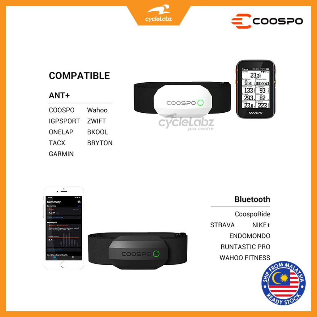 CooSpo H808S Chest Heart Rate Sensor Monitor Strap Bluetooth 4.0 ANT+ ...