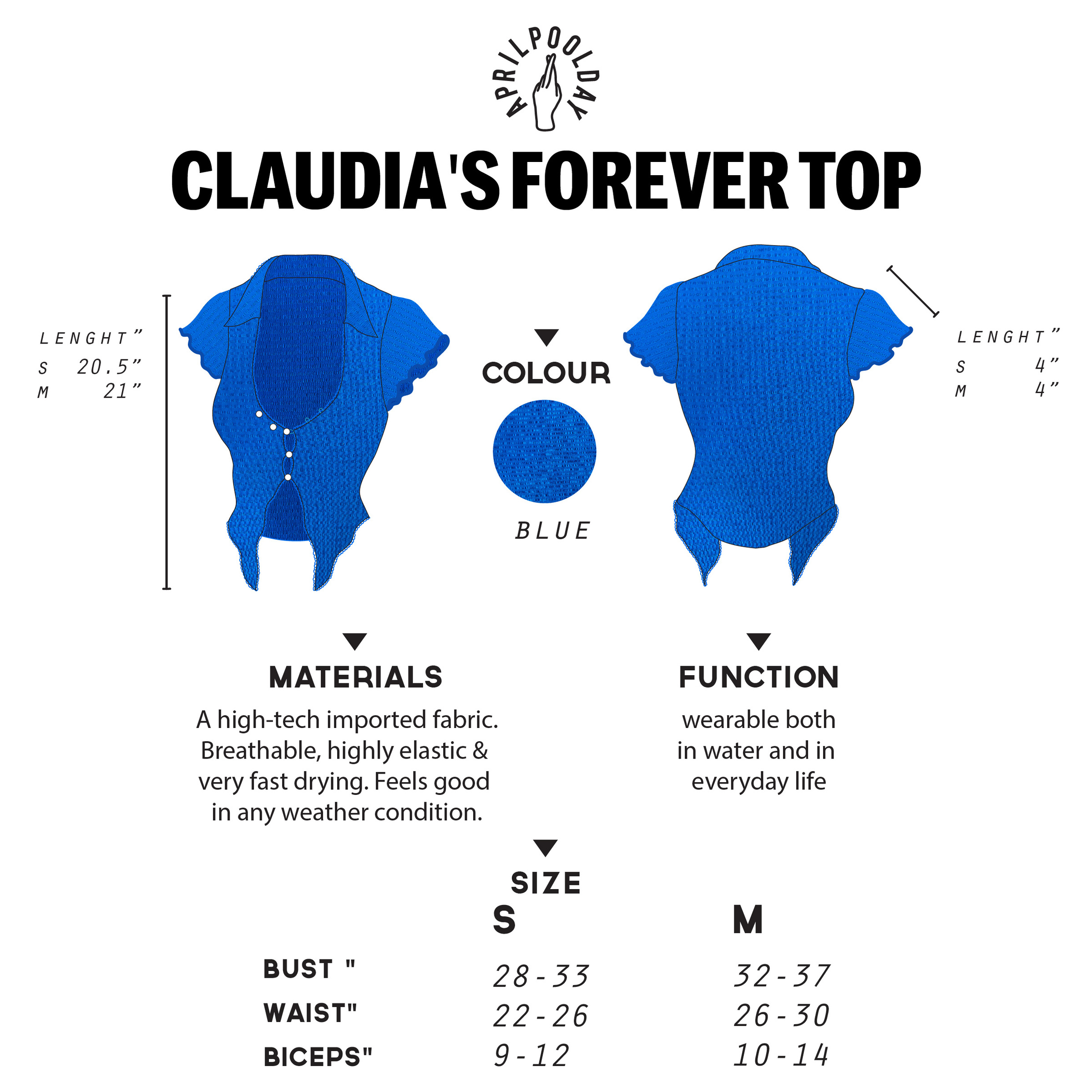 Claudia 藍色短袖上衣尺寸表