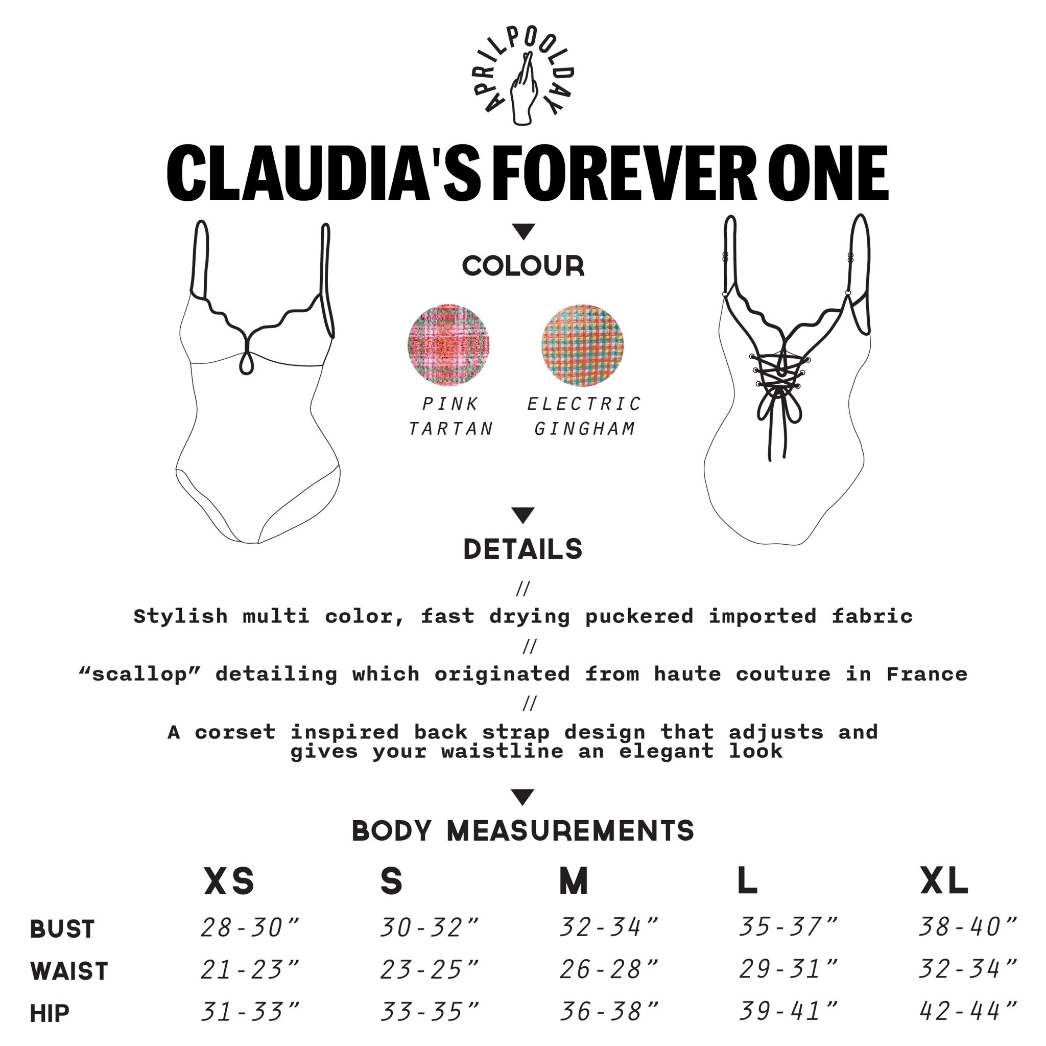 Aprilpoolday Claudia 霓紅橘綠粉紅色連身泳衣尺寸表