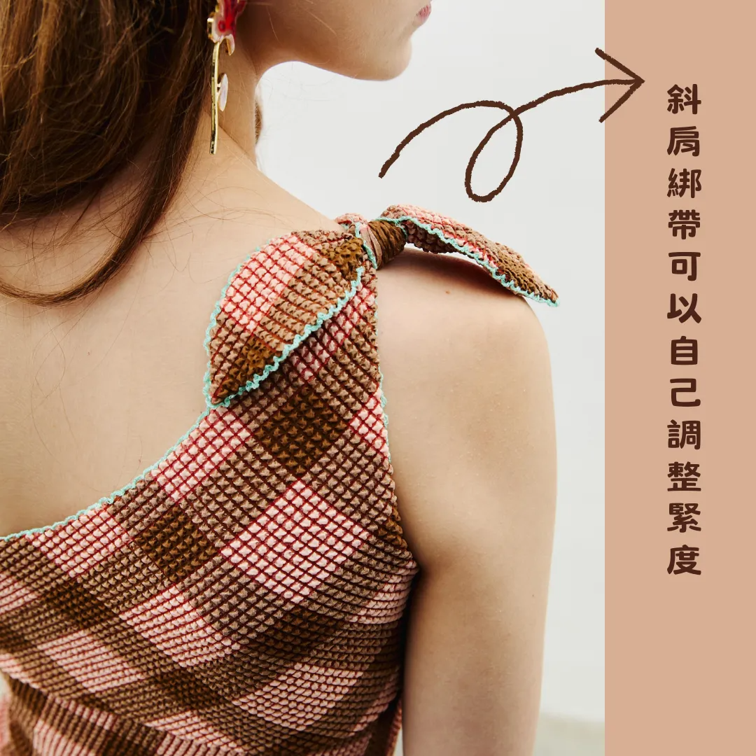 aprilpoolday比基尼泳衣斜肩不對稱坦克比基尼-粉紅色巧克力色立體花紋布料8